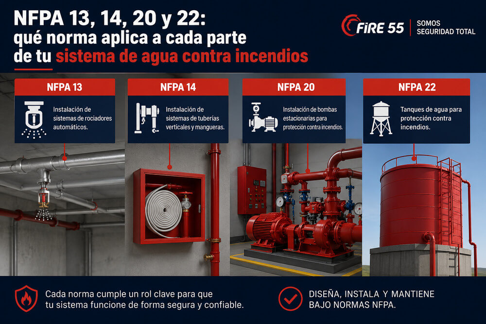 NFPA 13, 14, 20 y 22: qué norma aplica a cada parte de tu sistema de agua contra incendios